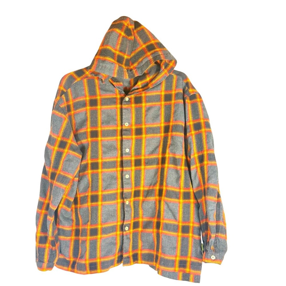 Esprit De Corp Group  Gray Plaid Flannel Hooded shirt  Size Large Button Front